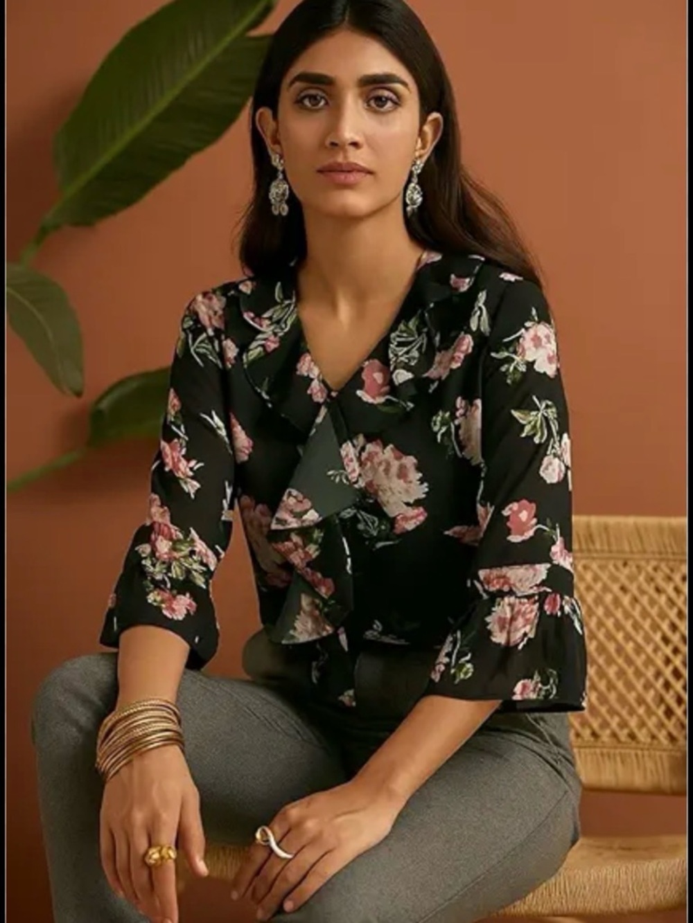 Lauren Ralph Lauren Black Floral Ruffle V-Neck Blouse